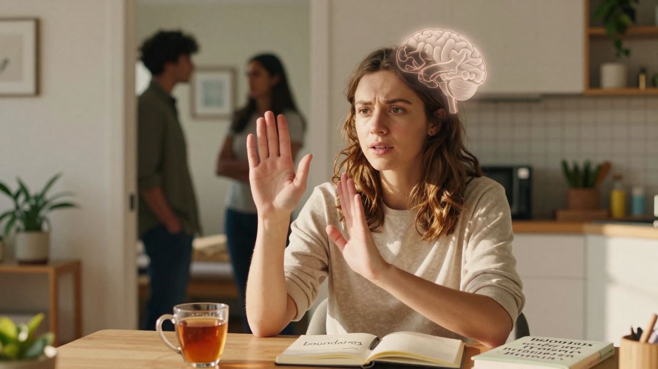 Mulher sentada à mesa com expressão preocupada e ilustração de cérebro, casal discute ao fundo numa cozinha.