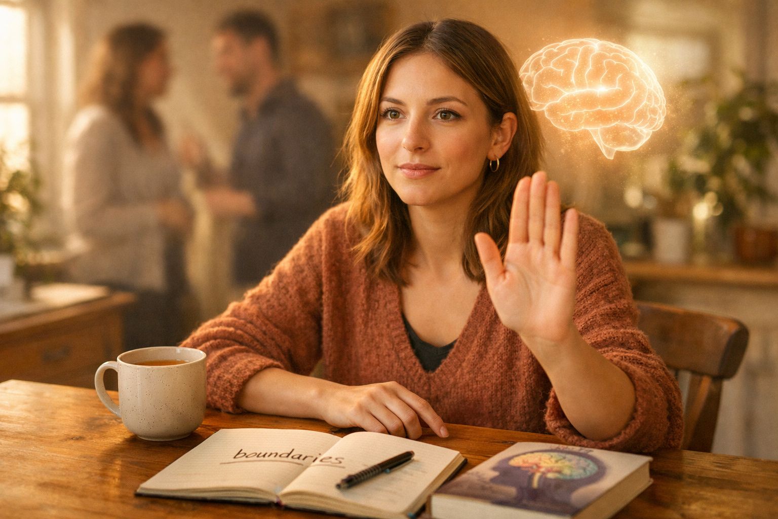 Mulher sentada com a mão levantada, caderno com a palavra "boundaries" e imagem de cérebro iluminado ao lado.