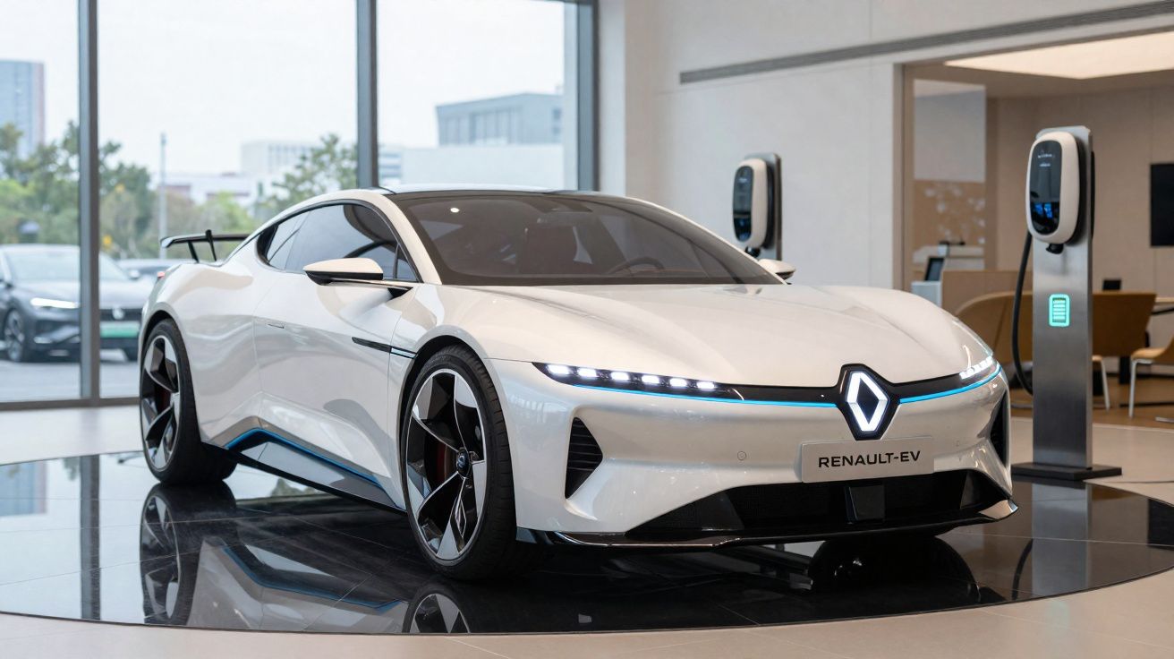 Automóvel elétrico branco Renault EV exposto em showroom moderno com carregadores ao fundo.