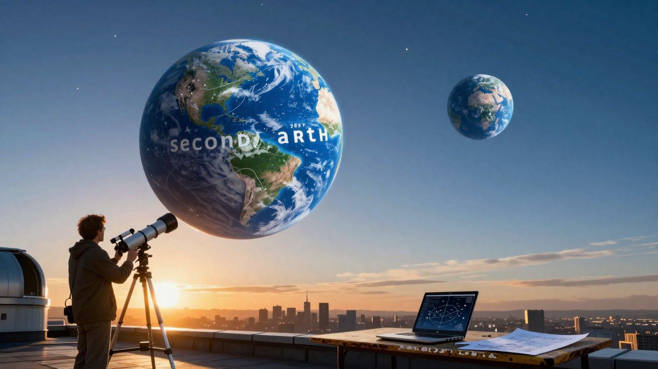 Pessoa observa através de telescópio dois planetas Terra flutuando ao pôr do sol numa cidade.