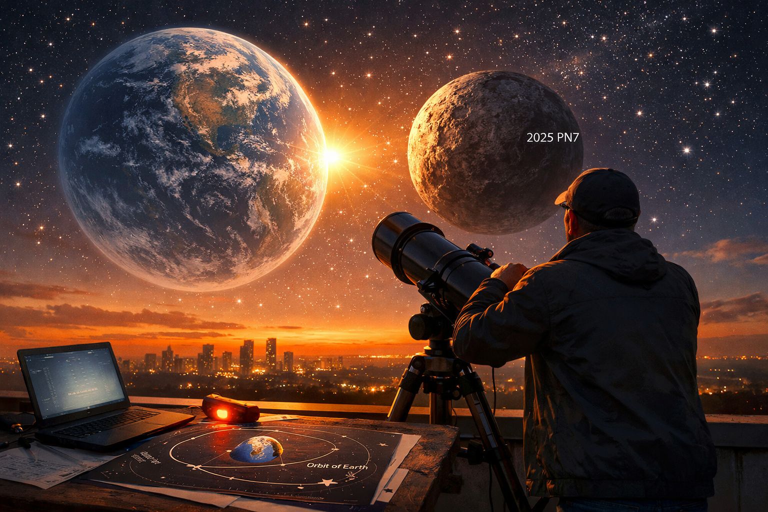 Pessoa com telescópio observa o planeta Terra e um asteroide 2025 PN7 no céu estrelado ao pôr do sol.