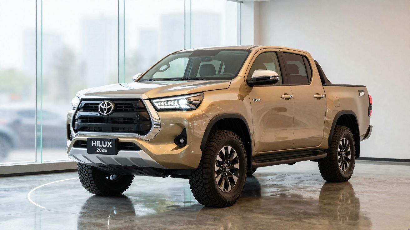 Picape Toyota Hilux 2026 bege com quatro portas exposta em galeria iluminada.