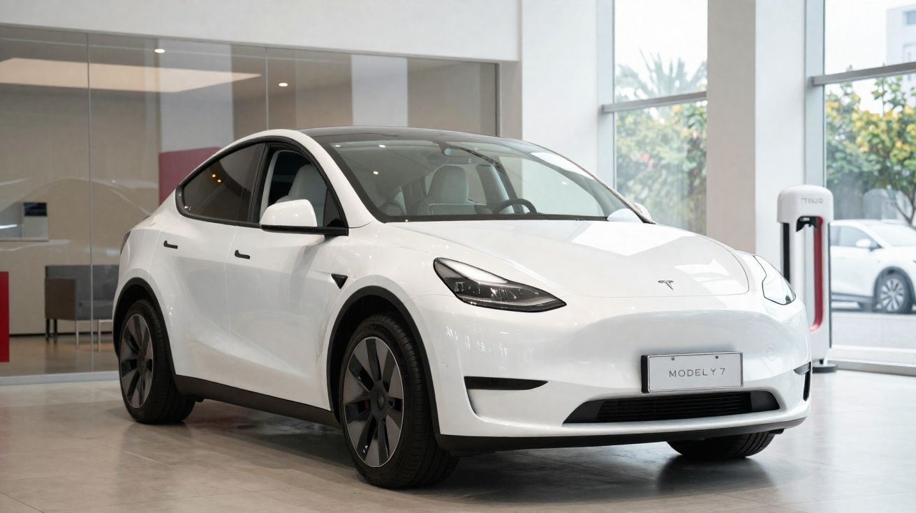 Carro eléctrico Tesla Model Y branco estacionado num salão com carregador ao fundo.