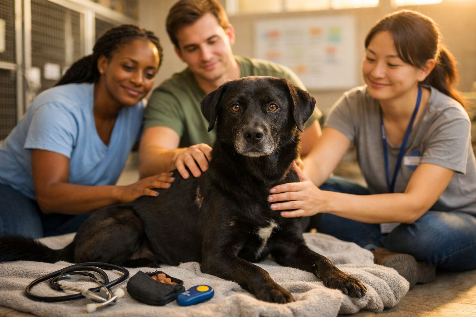 Cão preto deitado com três veterinários sorridentes a dar-lhe atenção num ambiente clínico.
