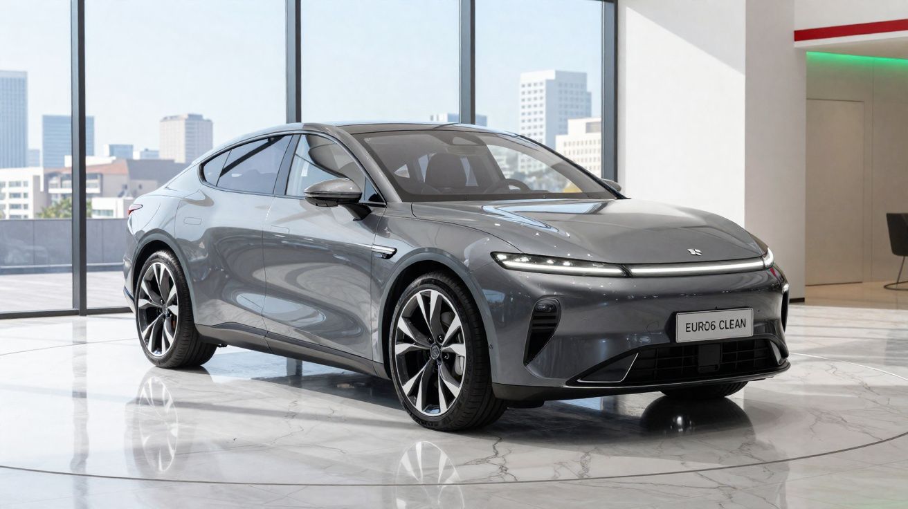 Carro elétrico cinzento, moderno, em exposição num showroom com grandes janelas e chão em mármore.