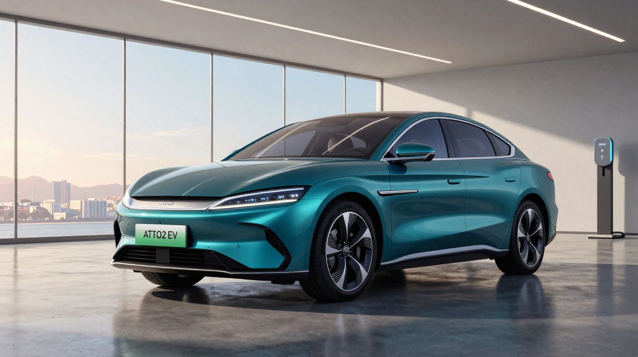 Carro elétrico moderno azul estacionado em garagem com parede de vidro e carregador eléctrico ao fundo.