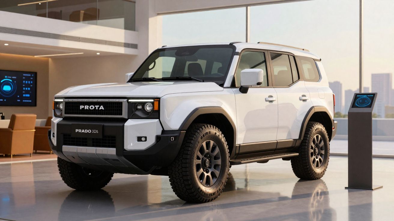 SUV branco Prota Prado 2025 estacionado dentro de um showroom moderno e iluminado.