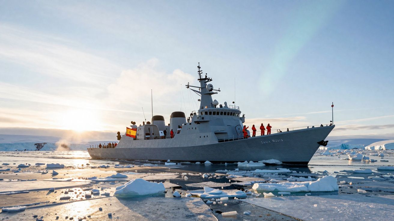Cruzador naval espanhol a navegar entre blocos de gelo no mar polar durante o pôr do sol.