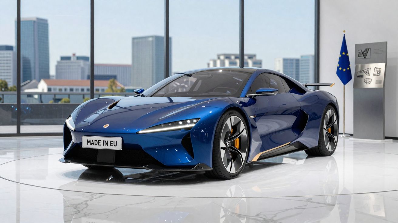 Carro desportivo azul metálico exposto num salão moderno com janelas grandes e bandeira da União Europeia.