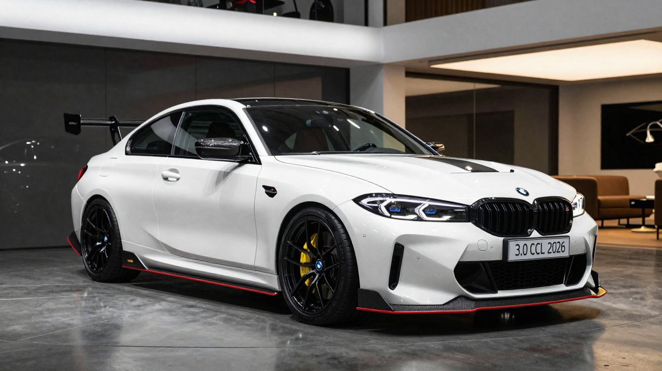 Automóvel BMW branco desportivo estacionado no interior de um edifício moderno com piso cinzento.