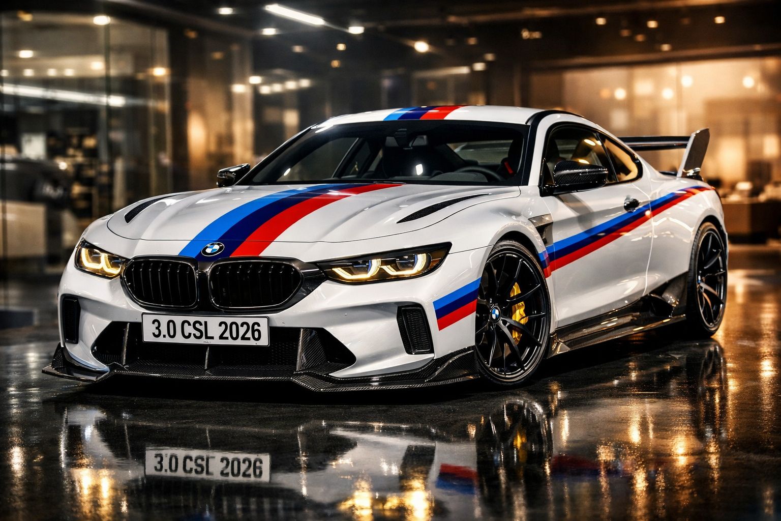 Carro desportivo BMW branco com riscas azuis e vermelhas, luzes acesas, estacionado em piso molhado interior.