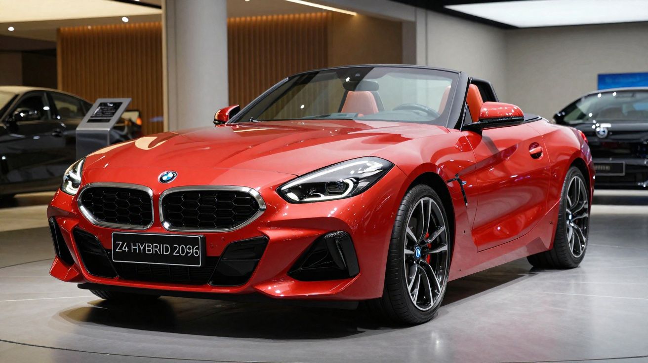 Carro desportivo descapotável BMW Z4 Hybrid vermelho em exposição interior moderna.