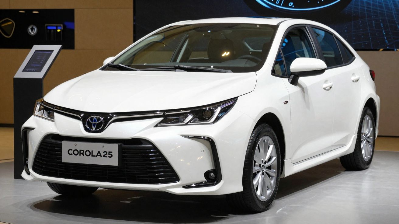 Carro branco Toyota Corolla 25 exibido numa feira automóvel, vista frontal e lateral direita.