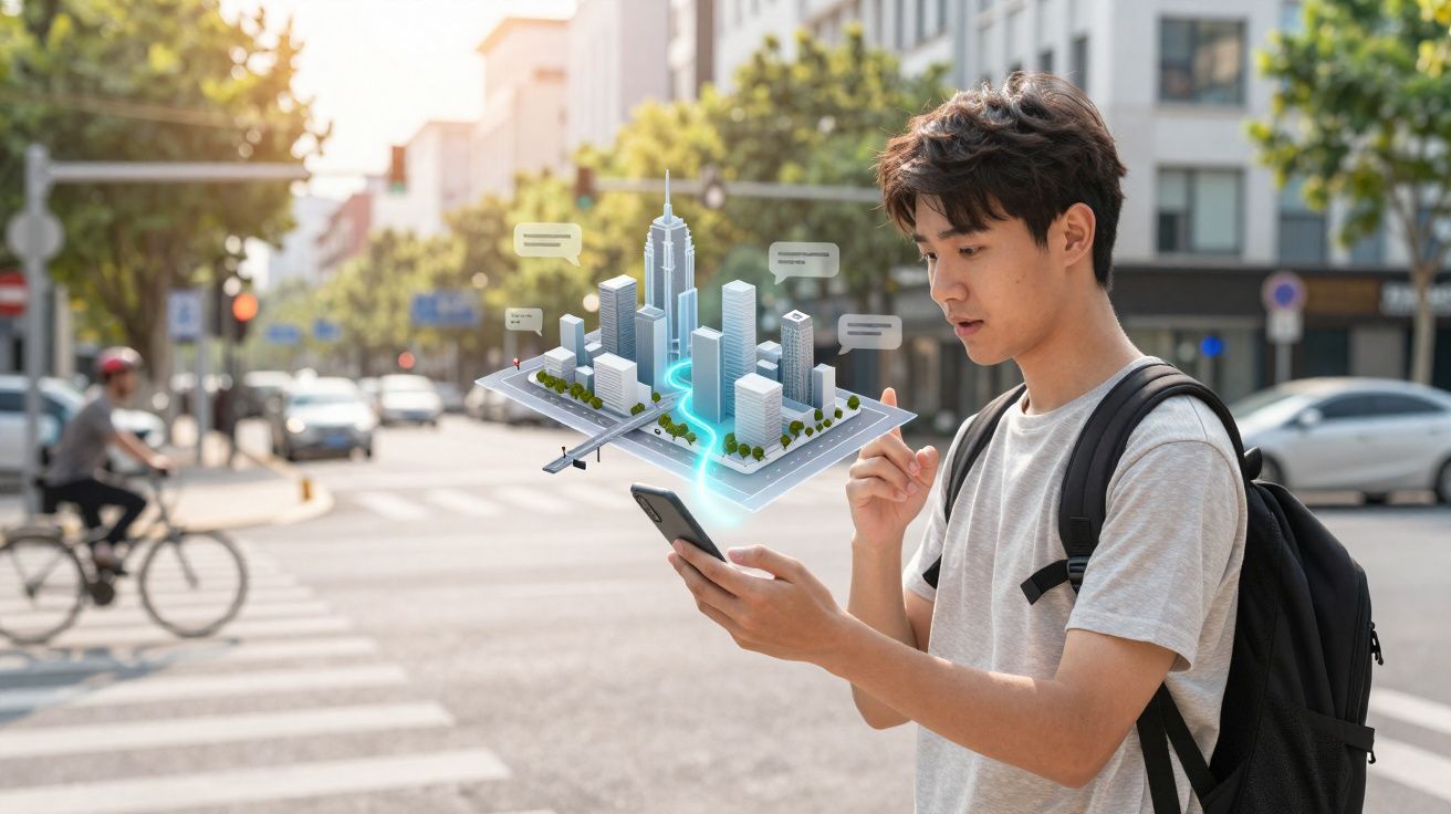 Jovem a usar telemóvel com holograma de cidade futurista numa rua da cidade movimentada ao fundo.