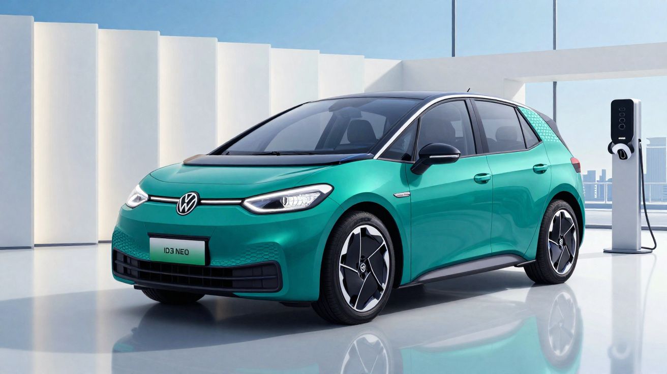 Carro elétrico Volkswagen ID.3 Neo verde a carregar numa estação de carregamento moderna, em ambiente urbano.