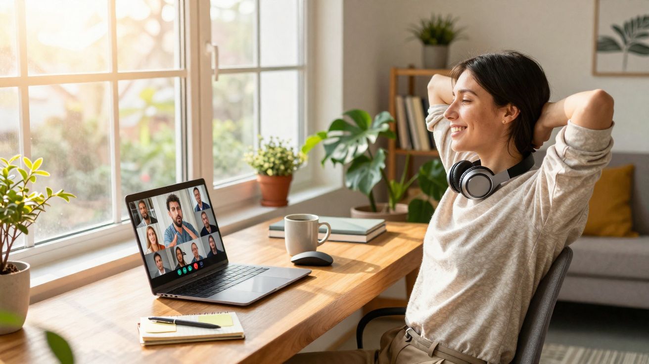 Mulher relaxa em cadeira junto a secretária com computador numa videoconferência em casa iluminada.