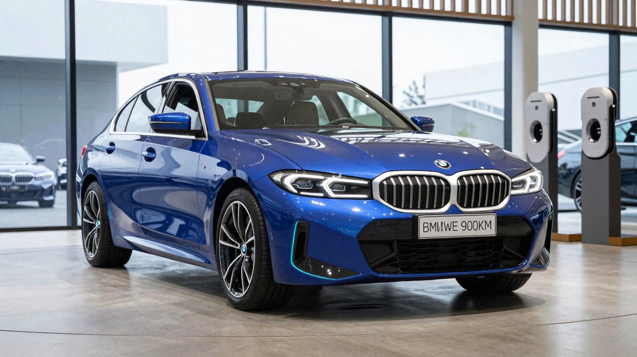 Carro BMW azul estacionado numa sala de exposição moderna com paredes de vidro e postos de carregamento elétrico.