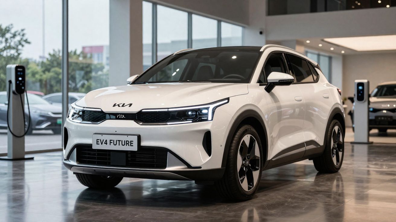 Carro elétrico branco Kia EV4 Future exibido numa sala de exposições moderna com estações de carregamento ao fundo.