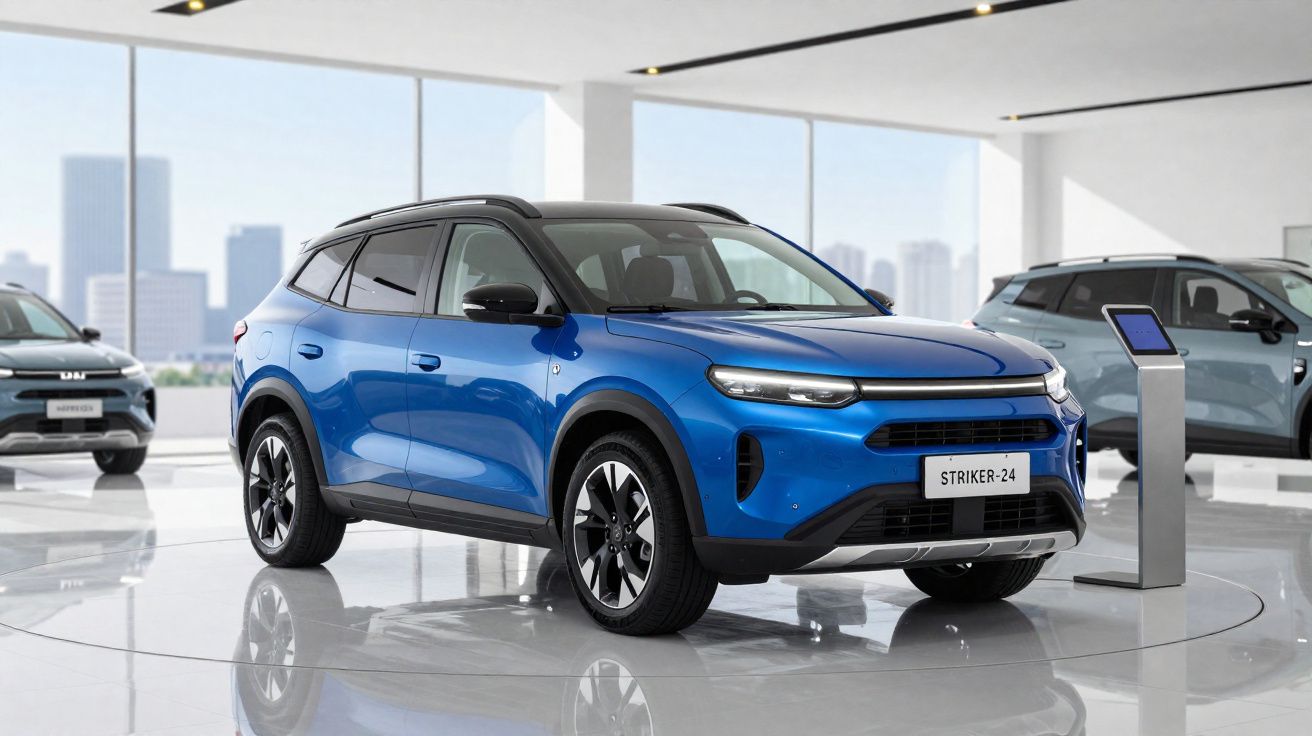 SUV azul eléctrico exposto num salão moderno com grandes janelas e outros veículos ao fundo.