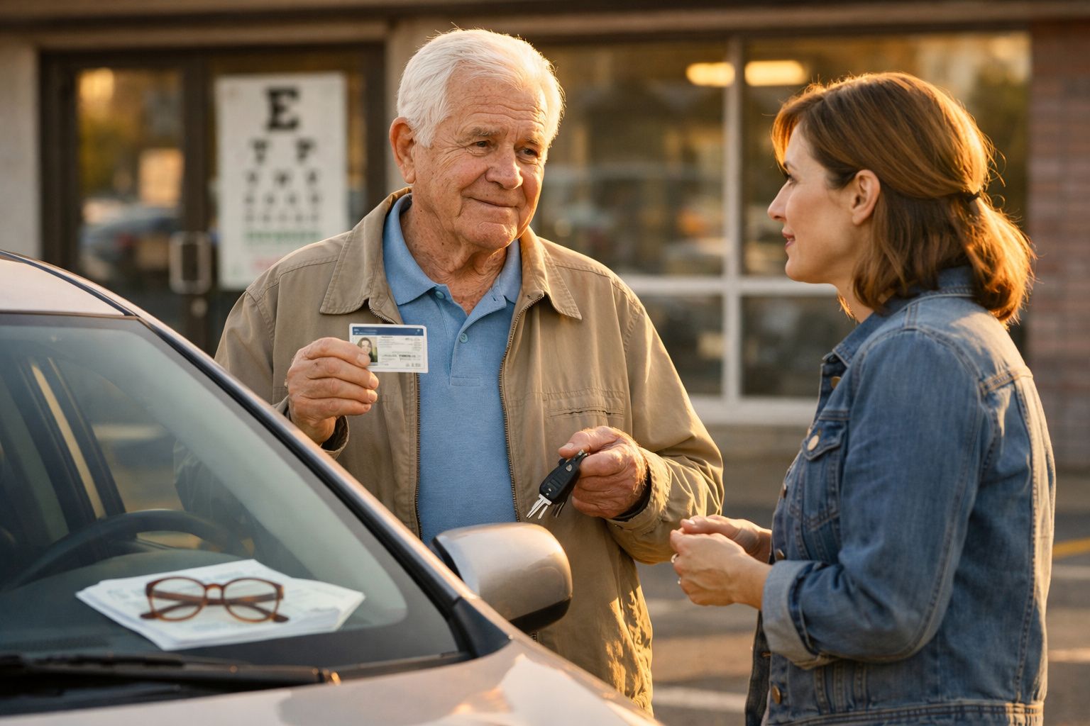 Homem idoso mostra carta de condução segurando chaves, conversa com mulher junto a carro estacionado.