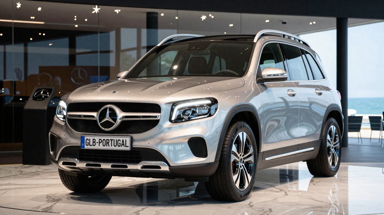 Carro Mercedes-Benz branco exibido numa sala de exposição com chão de mármore.