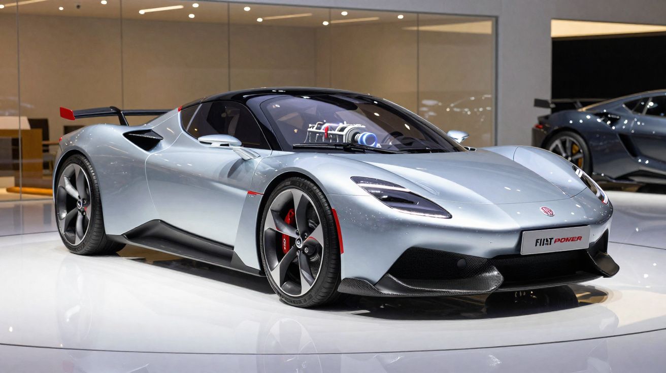 Carro desportivo cinza metálico com design aerodinâmico exibido em exposição automóvel moderna.