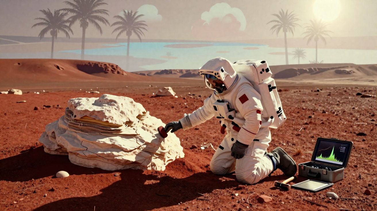 Astronauta examina rocha avermelhada numa paisagem alienígena com palmeiras e equipamento científico.