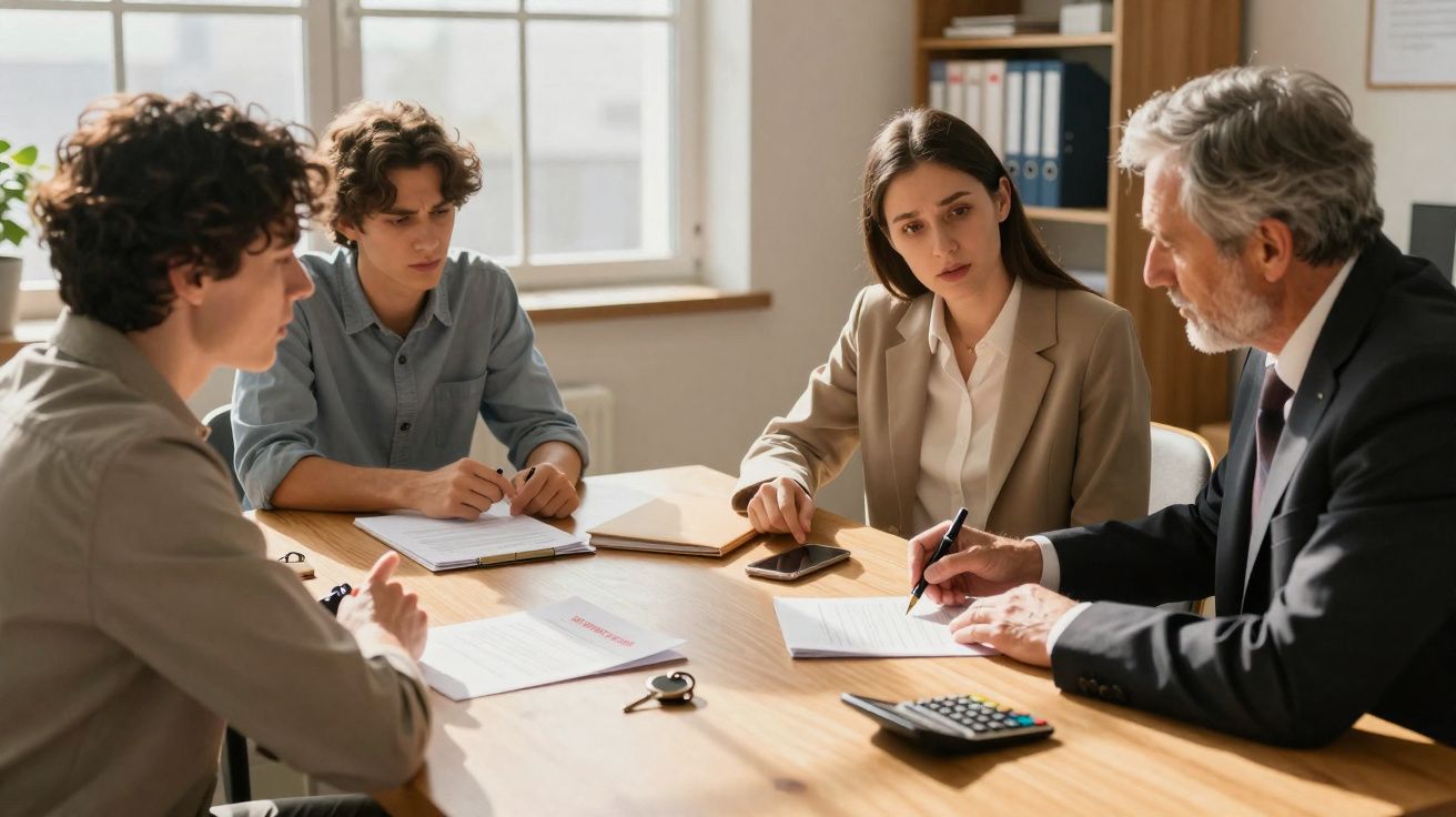 Quatro pessoas em reunião de negócios, discutindo documentos numa mesa com calculadora e chaves.