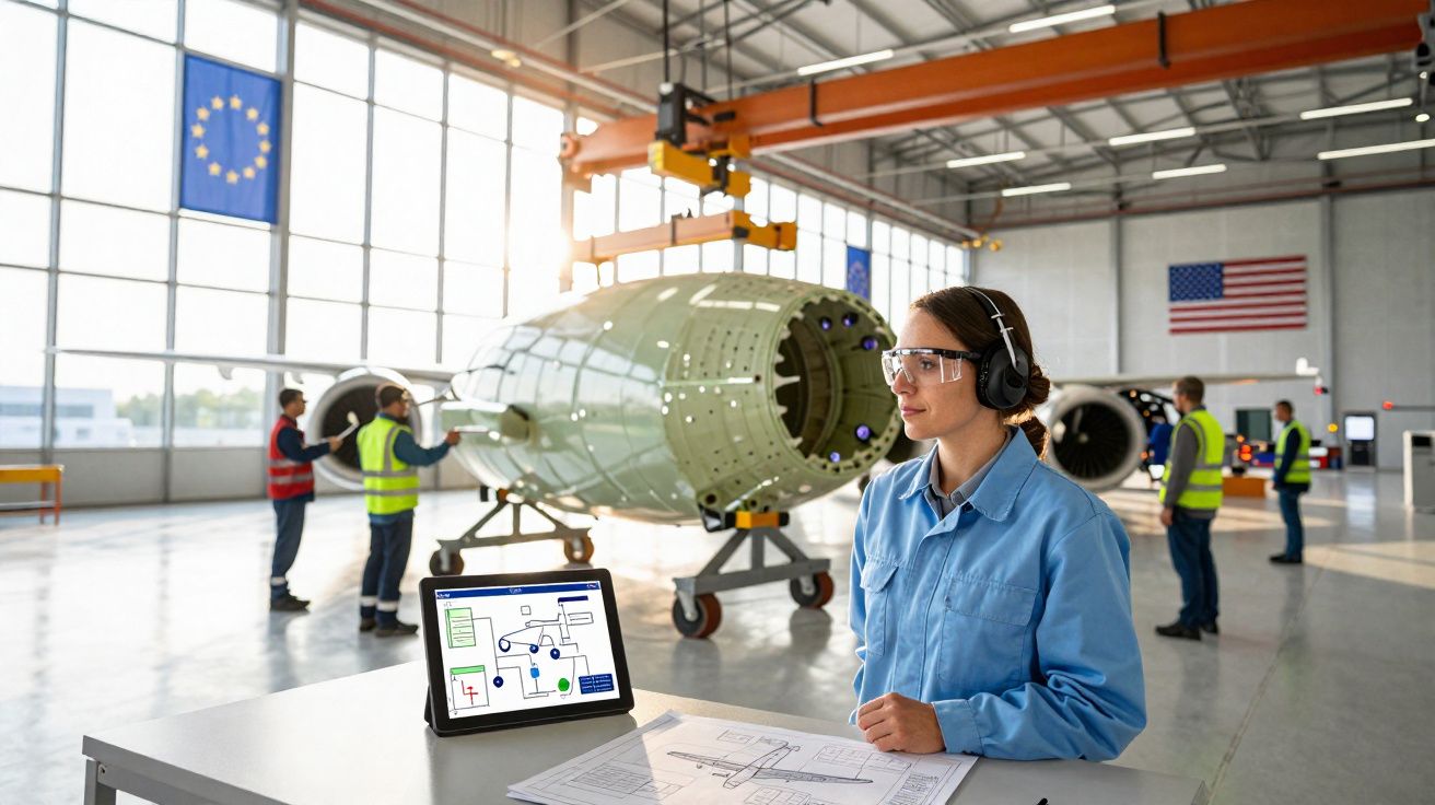 Mulher a trabalhar numa oficina de aeronautica, com projeto e ecrã digital, enquanto colegas manuseiam motores de avião.