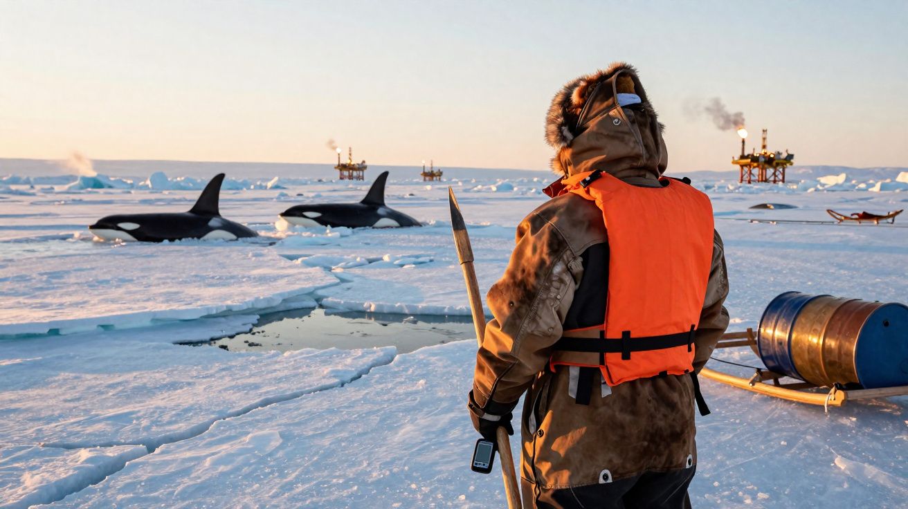 Homem de casaco pesado e colete laranja observa orcas em mar gelado perto de plataformas industriais.