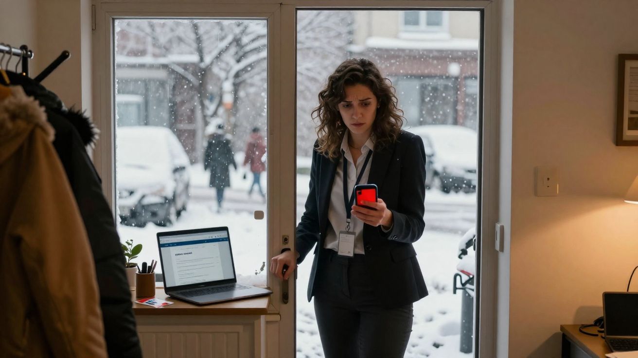 Mulher de negócios com expressão preocupada olha para o telemóvel perto da porta numa manhã nevosa.