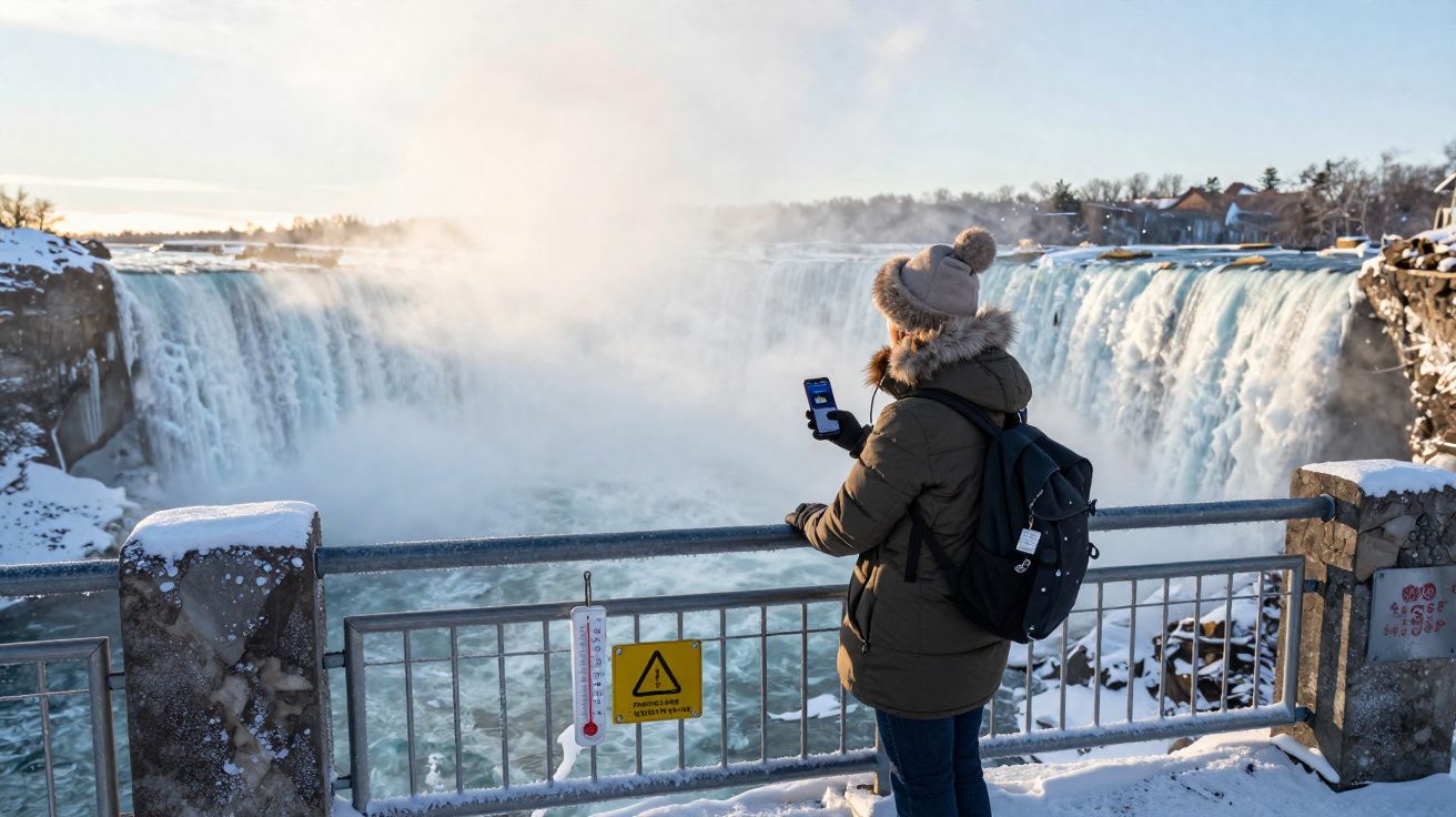 Pessoa com casaco e gorro a fotografar as cataratas cobertas de neve num dia frio de inverno.
