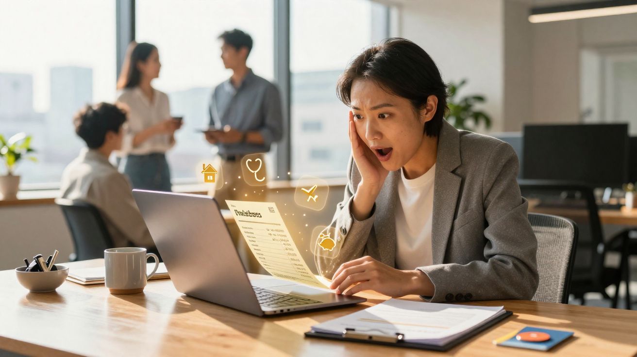 Mulher surpreendida ao ver documento digital de proteção no computador num escritório moderno.