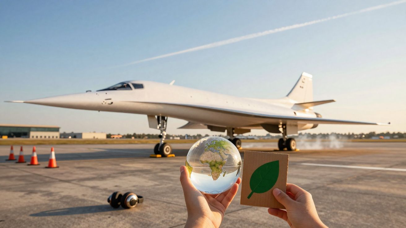 Mãos seguram globo terrestre de vidro e placa com folha verde perante avião branco estacionado em pista.