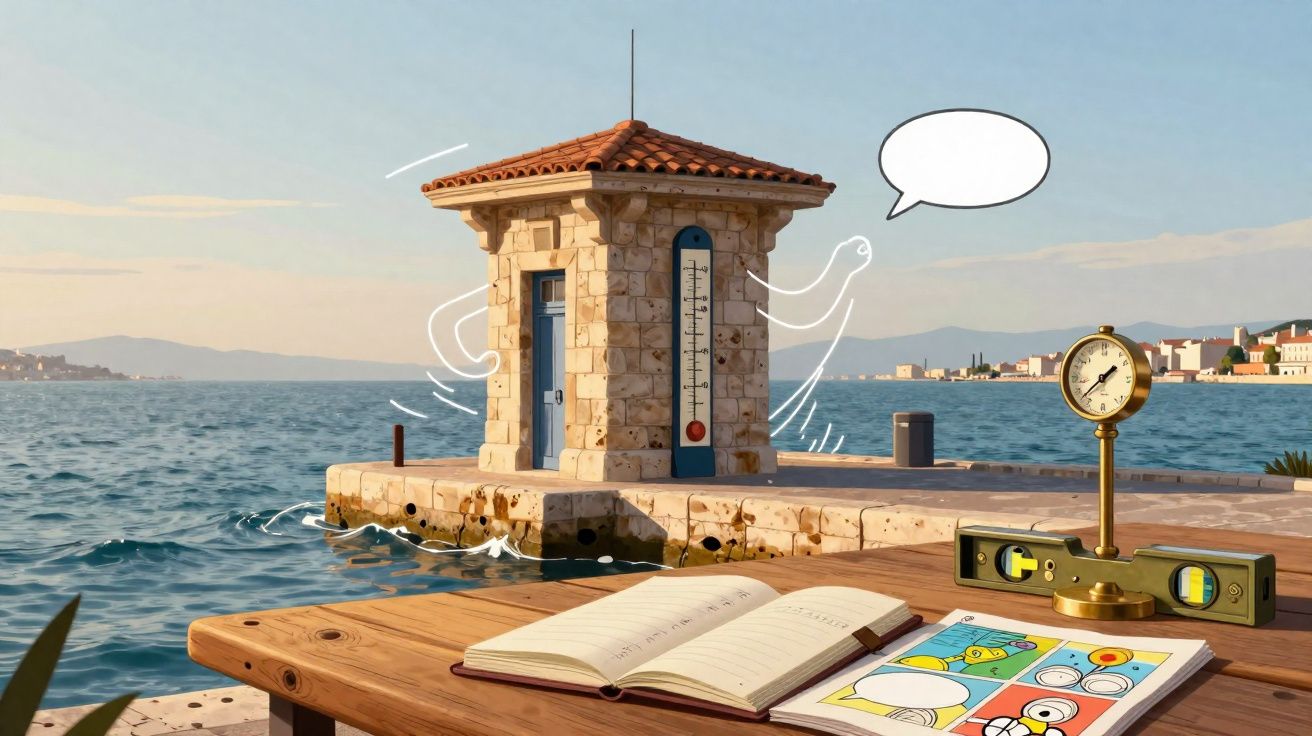 Pequena torre de pedra com termómetro, mesa de madeira com livro aberto e vistas sobre o mar ao pôr do sol.