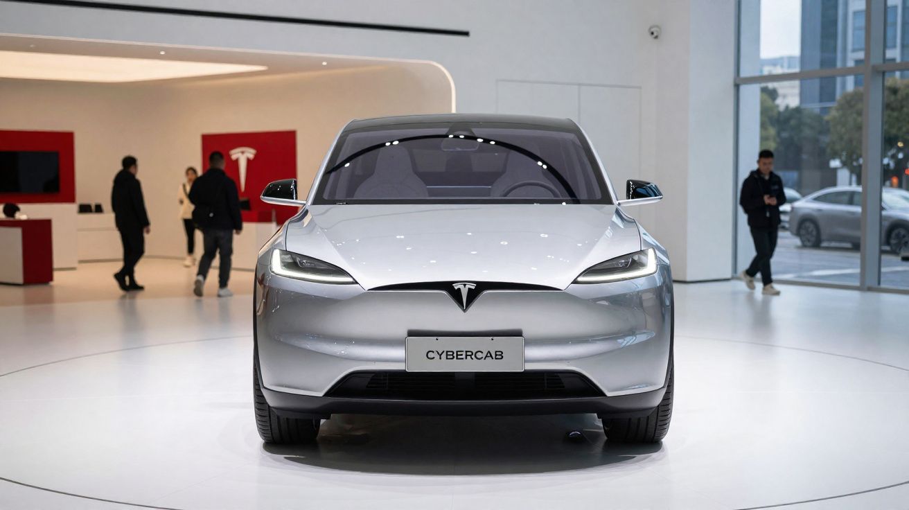 Carro elétrico Tesla Cybercab prateado em exposição numa sala moderna com pessoas ao fundo.