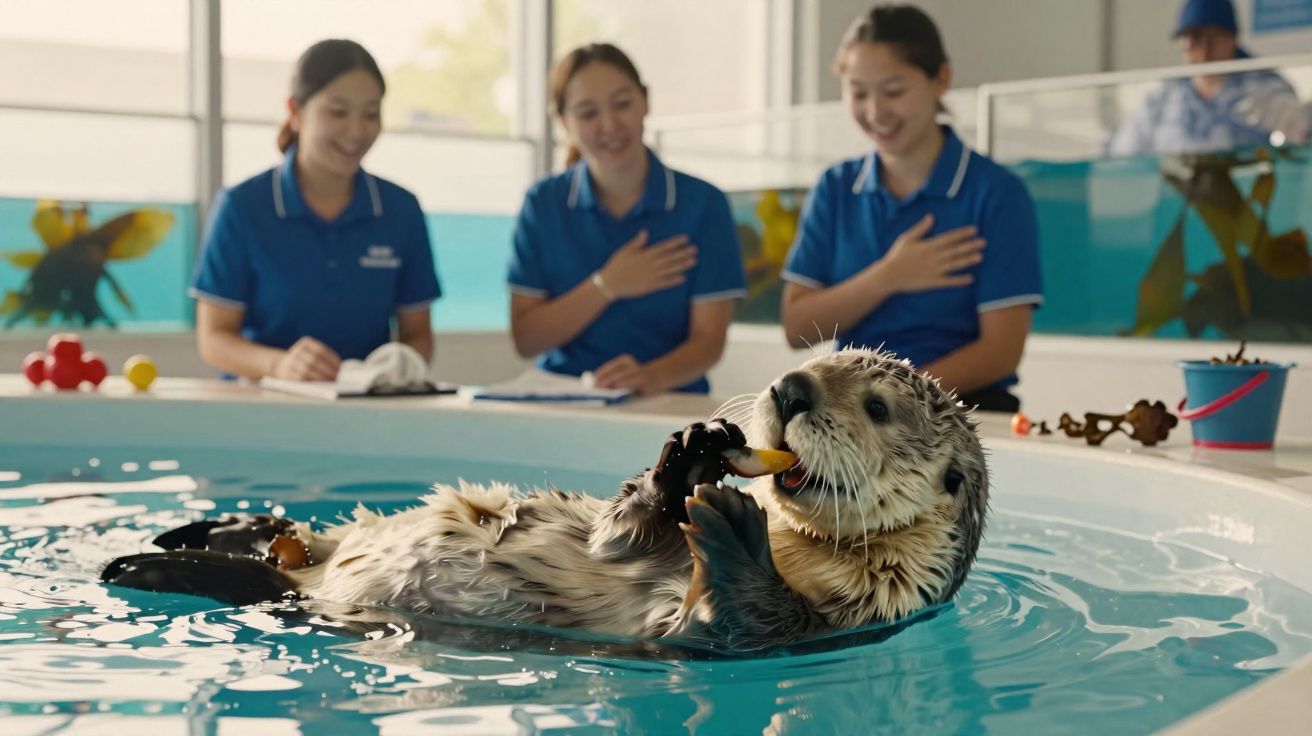 Lontra na água a comer enquanto três pessoas observam e sorriem ao fundo num ambiente interior.