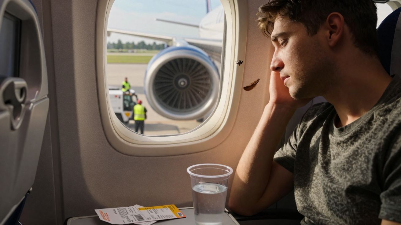 Homem sentado no avião atento pela janela com copo de água e cartão de embarque na mesa.