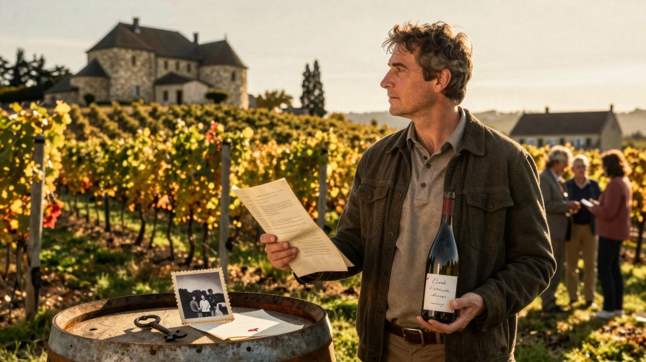 Homem segura garrafa de vinho e carta numa vinha com castelo ao fundo, enquanto grupo conversa atrás.