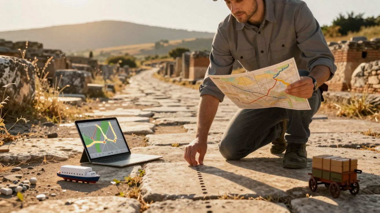Homem ajoelhado numa antiga estrada de pedra, a consultar um mapa e um tablet com GPS ao lado.