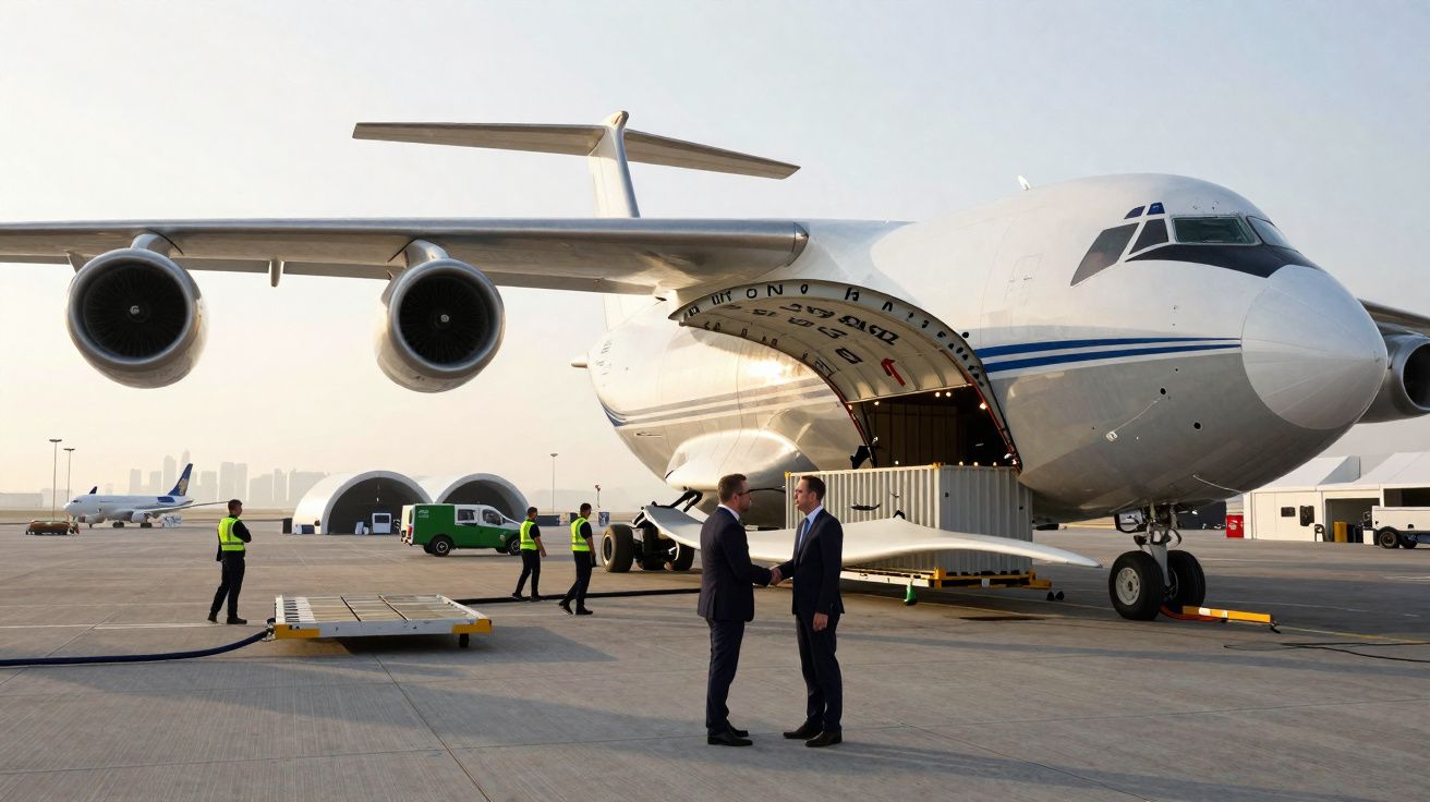 Avião cargueiro grande com porta aberta e homens em fato a cumprimentar-se no aeroporto ao amanhecer.