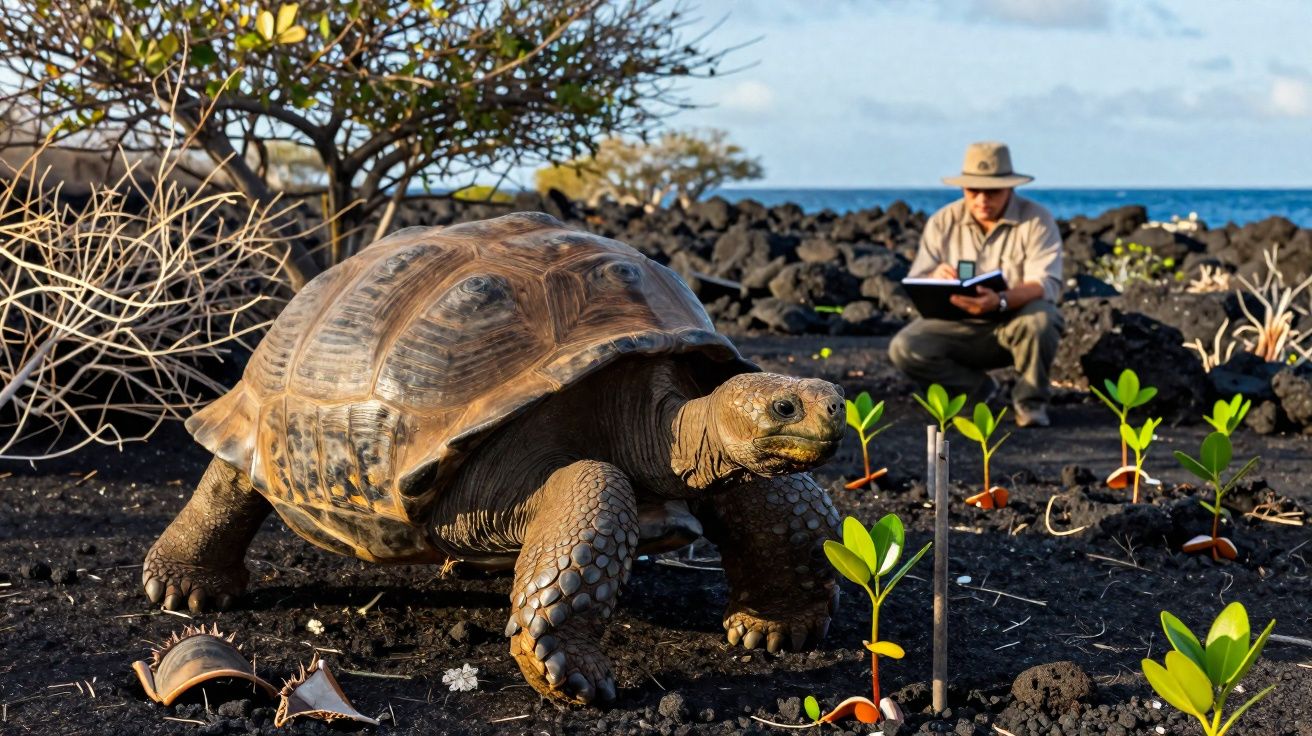 Tartaruga gigante em solo árido com plantas jovens, enquanto um homem observa e regista dados ao fundo.