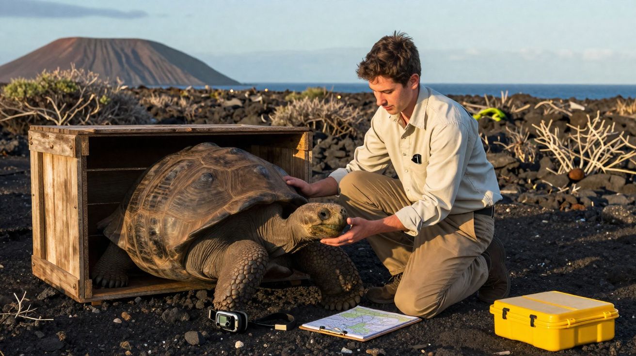 Homem a cuidar de uma tartaruga gigante perto de uma caixa de madeira em ambiente árido com montanha ao fundo.
