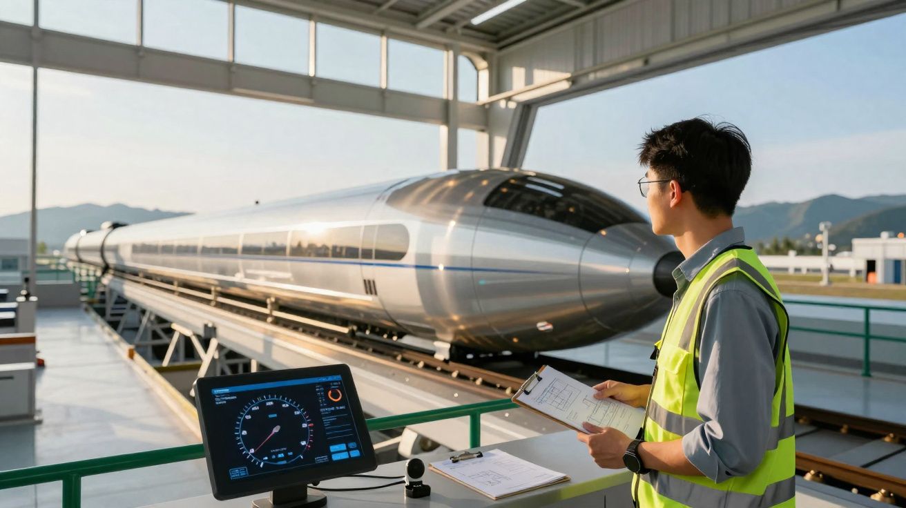 Homem com colete de segurança observa comboio futurista numa estação moderna com controlo digital.