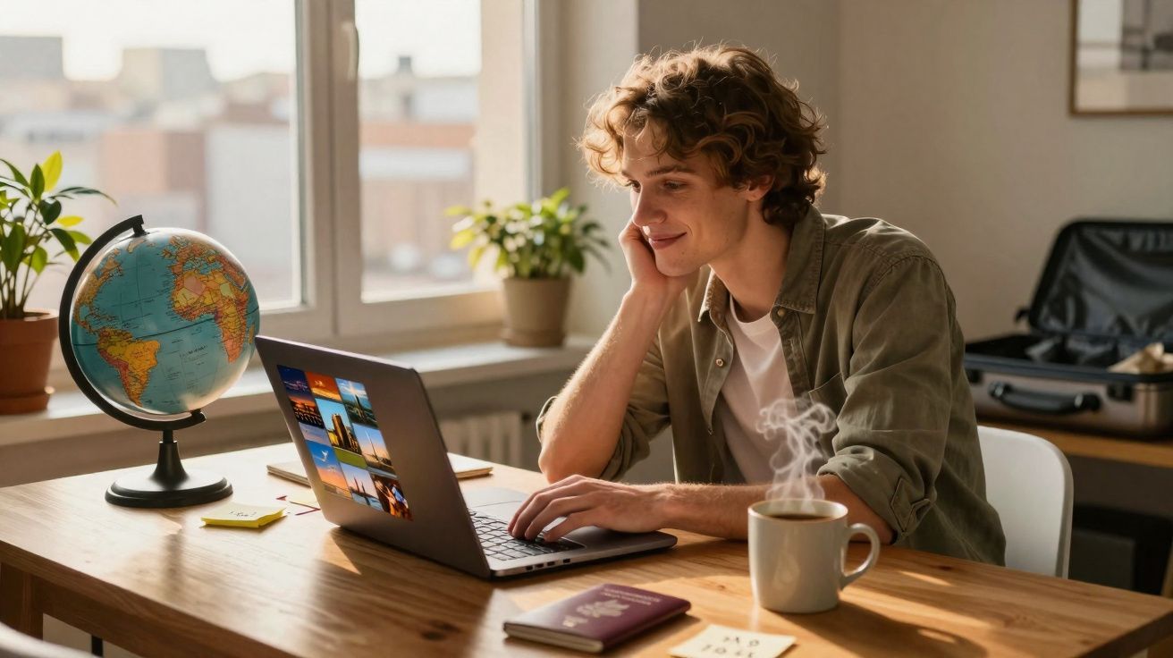 Jovem a planear viagem no computador com globo, passaporte e chá quente numa mesa junto à janela.