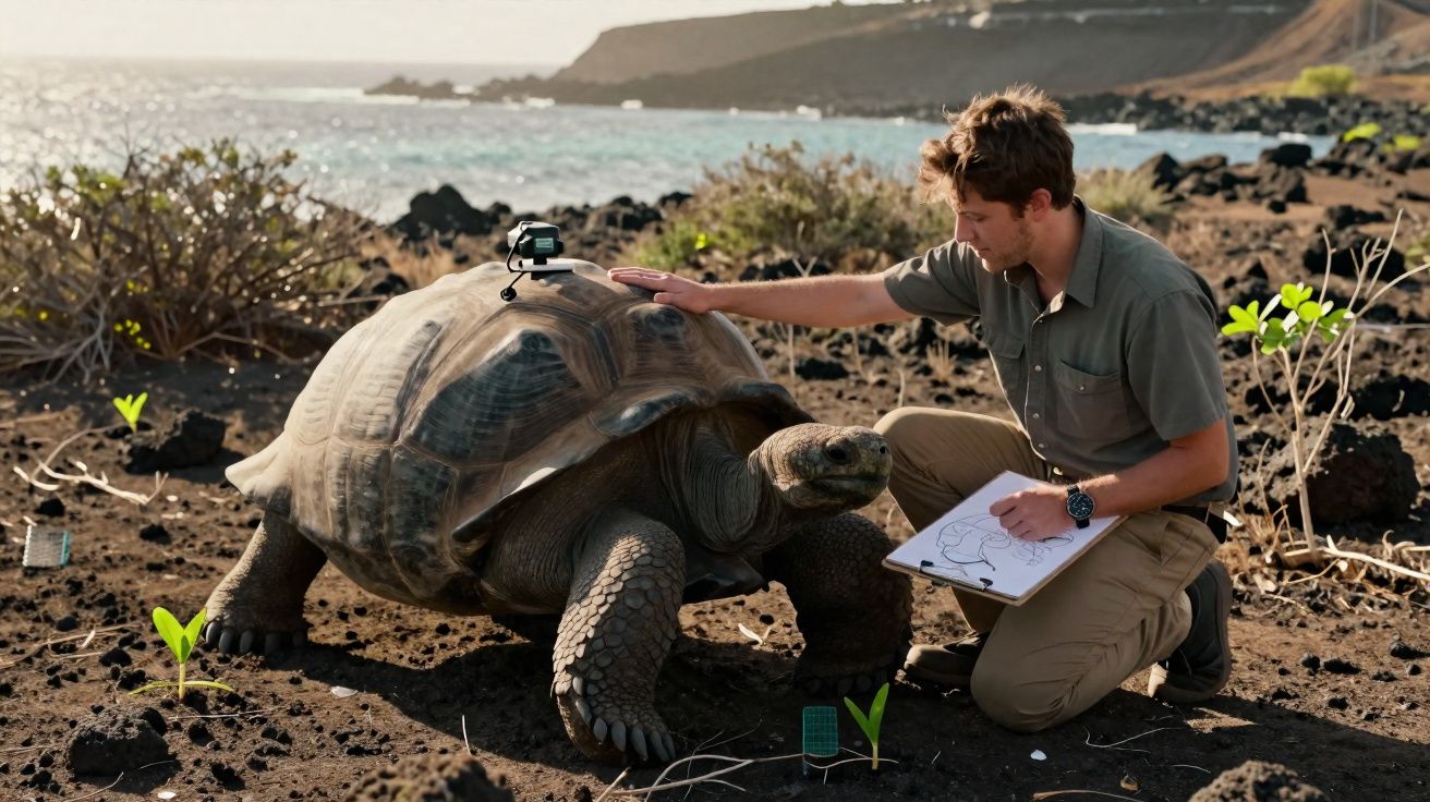 Homem sentado no chão a acariciar uma tartaruga gigante em ambiente natural junto ao mar.