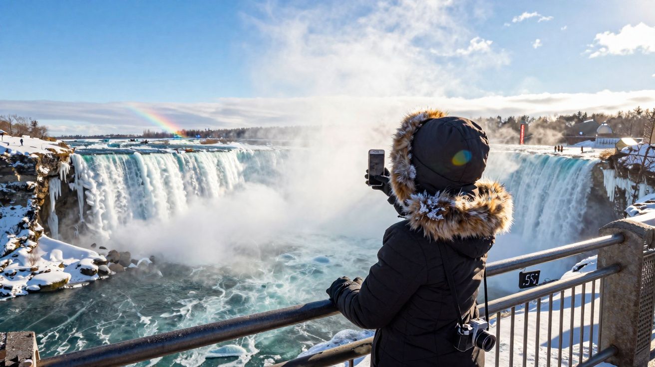 Pessoa de casaco com capuz tira foto das Cataratas do Niágara no inverno com arco-íris ao fundo
