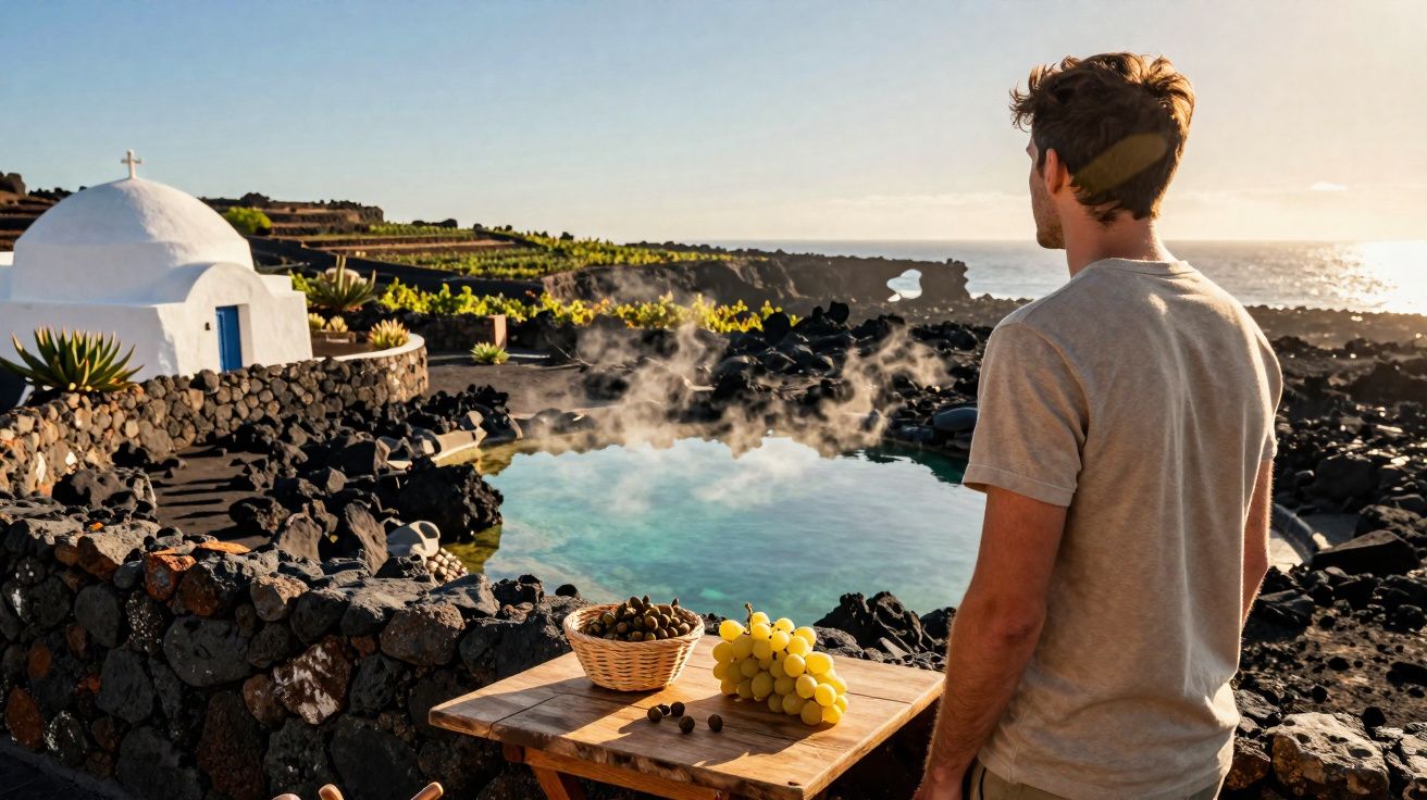Homem observa lagoa termal entre rochas vulcânicas ao pôr do sol com cesto de frutas em mesa de madeira.