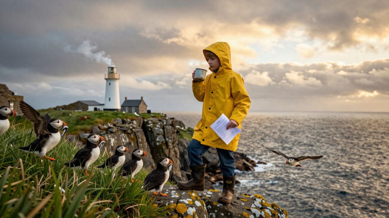Criança de impermeável amarelo segura caneca e papel junto a papagaios-do-mar numa falésia com farol ao fundo.
