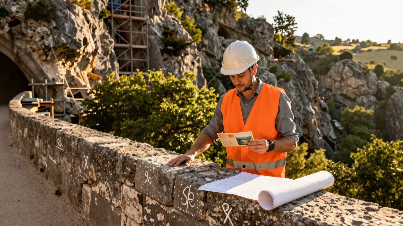 Engenheiro com colete e capacete examina plantas junto a muro de pedra em obras numa zona montanhosa.